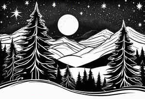 Lighter shaded night sky with stars.  Night sky fading at edges 

Mountains 

Trees with snow on them tattoo idea