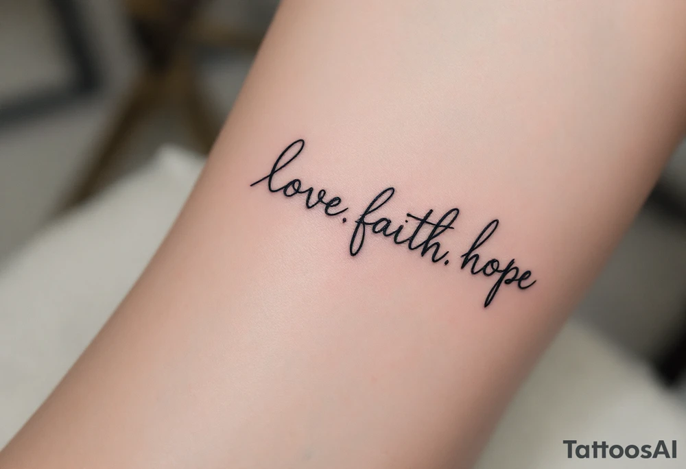 "Love, Faith, Hope" tattooed on the forearm in black serif font with thin gold underlines for emphasis. tattoo idea