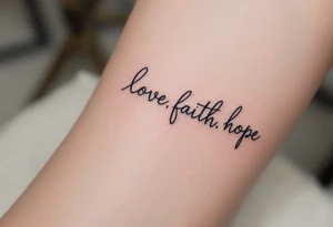 "Love, Faith, Hope" tattooed on the forearm in black serif font with thin gold underlines for emphasis. tattoo idea