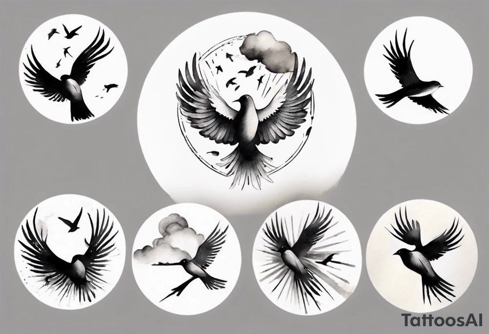 shoulder tattoo with light rays with birds flying free among the clouds, round shape, 3d effect tattoo idea shoulder tattoo with light rays with birds flying free among the clouds, round shape, 3d effect tattoo idea