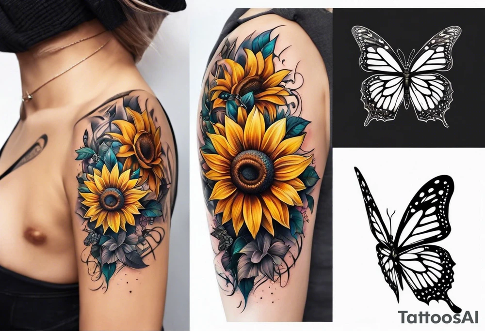Sunflower and butterfly leg sleeve tattoo idea