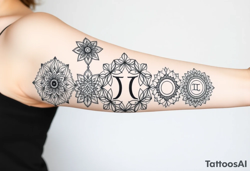 5 Geometric floral circles connected to reflect family unity. Two base elements for my husband and I, intertwined floral patterns like mirrored vines or spiral paisleys representing our identical twins, and a Gemini zodiac sign for my son. Use feminine-yet-bold linework and Interconnected elements tattoo idea