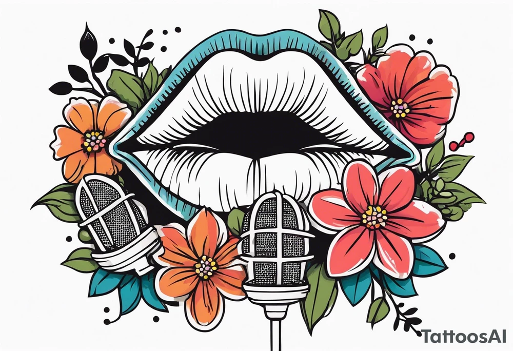 lips singing old school vintage traditional
flowers around and mouth next to microphone
bold and colorful simple design dots and simple flowers sketch tattoo idea