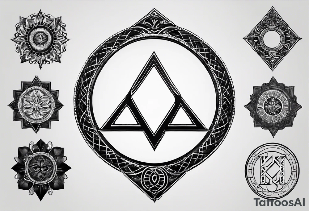 Simplistic symbol large delta inside a circle. Circle is made from chain and with small letters k sprinkled inside. tattoo idea