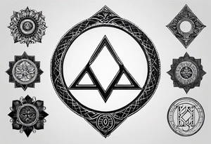 Simplistic symbol large delta inside a circle. Circle is made from chain and with small letters k sprinkled inside. tattoo idea
