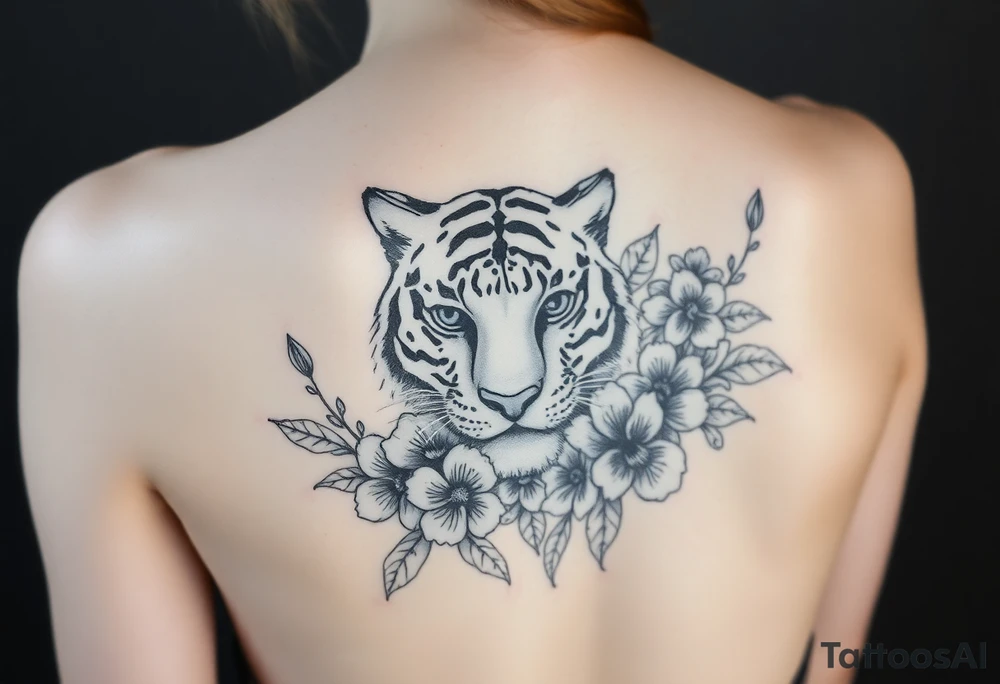 a whole tiger with some flowers around it tattoo idea