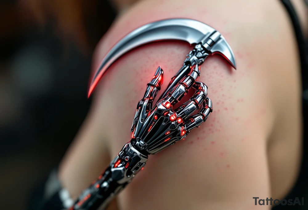 A chrome-plated robotic hand clutching a gleaming silver scythe with glowing red circuitry running up its fingers. tattoo idea