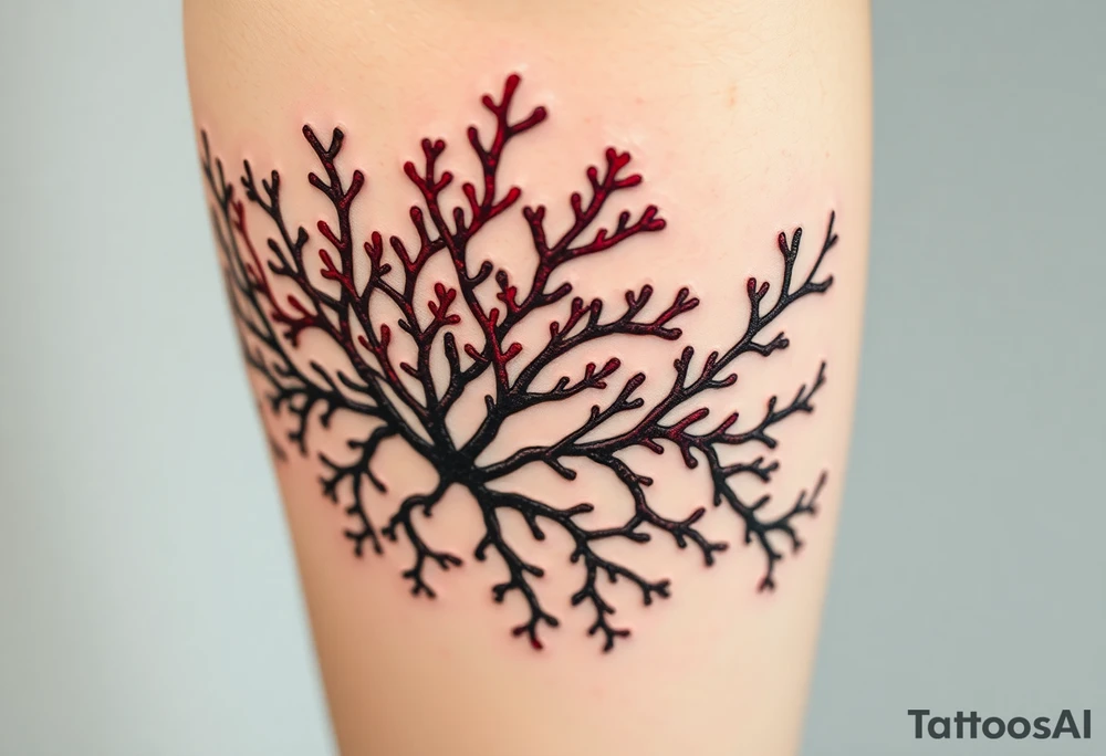 Photorealistic tattoo design of Asparagopsis taxiformis red algae, detailed texture, natural branching pattern, underwater appearance, suitable for calf placement, flowing upward” tattoo idea