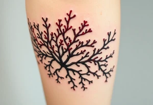 Photorealistic tattoo design of Asparagopsis taxiformis red algae, detailed texture, natural branching pattern, underwater appearance, suitable for calf placement, flowing upward” tattoo idea
