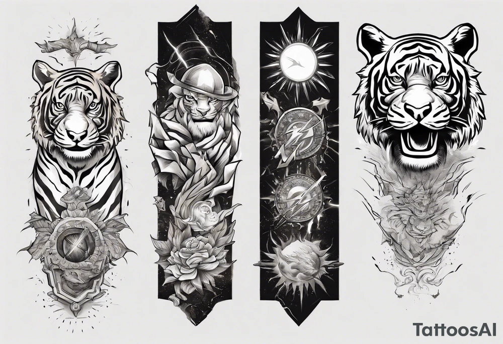 Ancient tiger with lightning and a sun for a forearm sleeve. With patterns surrounding it tattoo idea Ancient tiger with lightning and a sun for a forearm sleeve. With patterns surrounding it tattoo idea
