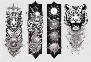 Ancient tiger with lightning and a sun for a forearm sleeve. With patterns surrounding it tattoo idea