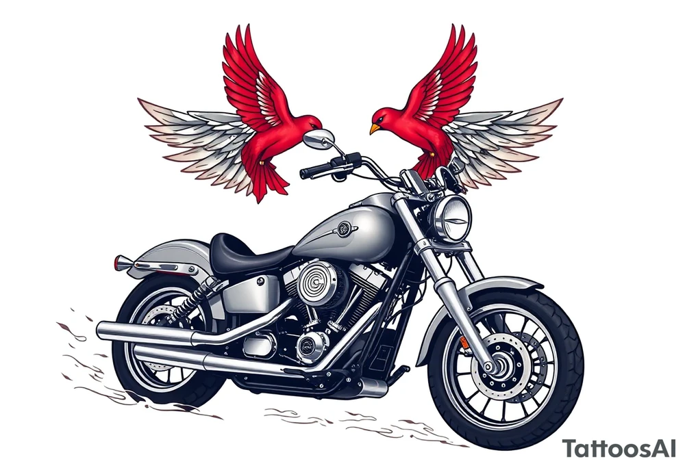 Harley grey motorcycle driving away, two red birds flying, roses, flames, angel wings tattoo idea