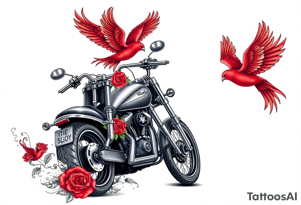 Harley grey motorcycle driving away, two red birds flying, roses, flames, angel wings tattoo idea
