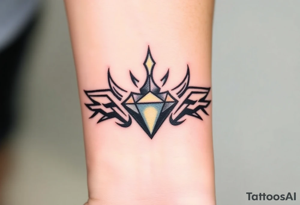 A single, large diamond centered within a sleek, minimalist crown, outlined in fine black ink with a subtle gold shadow to add depth. tattoo idea