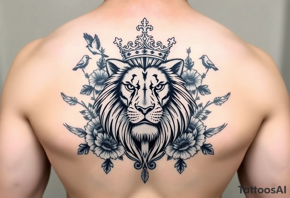 powerful majestic lion with a crown, surrounded by floral ornaments and birds tattoo idea