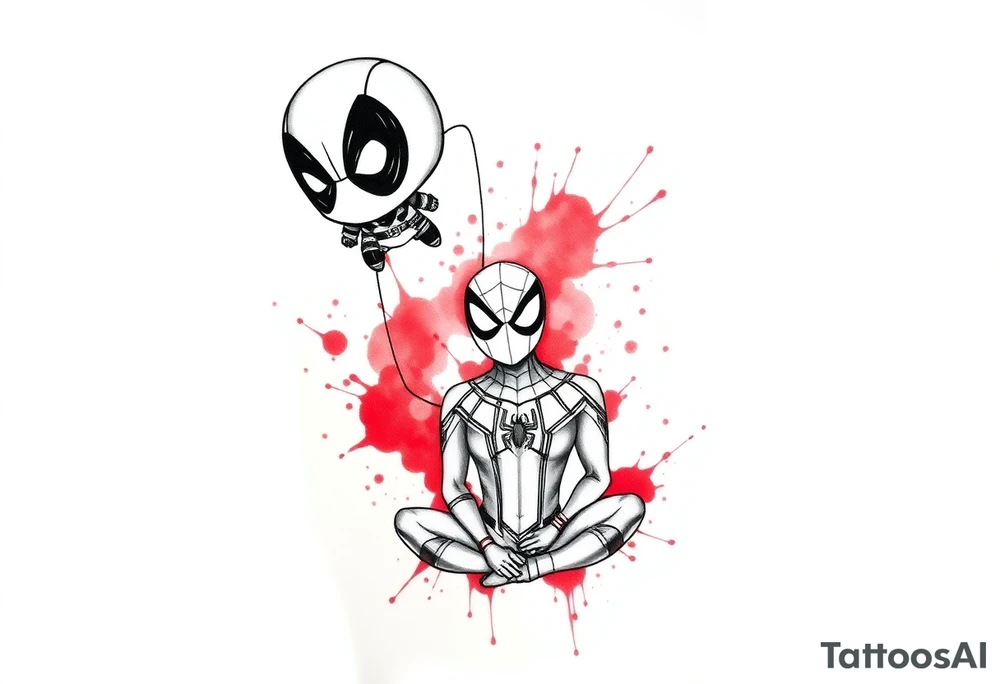 A vertical stacked tattoo design for a half-sleeve on a white background. At the top is a chibi Deadpool character in a bold ink sketch style. At the bottom is a chibi Spider-Man character sitting cross-legged in a loose pencil sketchbook style. High contrast black and grey shading. The two characters are connected by loose, energetic sketch lines and a thin spiderweb thread hanging between them. Dramatic, stylized splashes of bright, vibrant watercolor red ink splatter bursting out around both characters' suits, bleeding into the negative space. Tattoo flash sheet style, crisp linework. tattoo idea