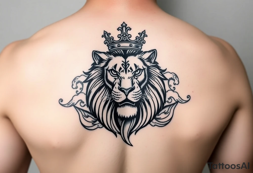 powerful majestic lion with a crown, surrounded by WAVES tattoo idea powerful majestic lion with a crown, surrounded by WAVES tattoo idea