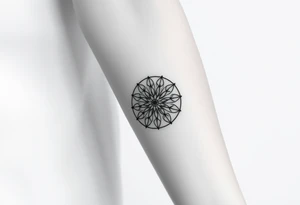 A minimalist black ink Flower of Life, centered on the forearm, with perfect geometric symmetry in cyrcle round tattoo idea