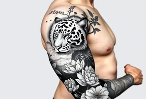 fierce tiger emerging through blooming lotus forrest in mist tattoo idea