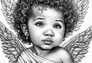 Mixed raced baby angel with Isaiah written underneath tattoo idea
