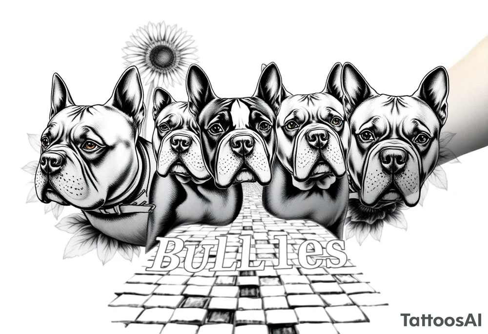 Different American bully portraits in black and white in the background incorporate sunflowers, an old road made from pavers the words Mountain State Bullies tattoo idea