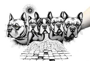 Different American bully portraits in black and white in the background incorporate sunflowers, an old road made from pavers the words Mountain State Bullies tattoo idea
