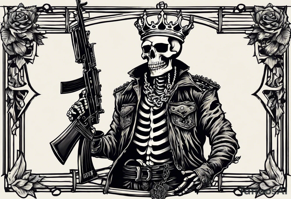 image of a skeleton standing frontally with a crown on his head, holding an AK-47 on his shoulder with his right hand. The chain on the left should be taut, there are three angry barking Dobermans in it, near the waist tattoo idea