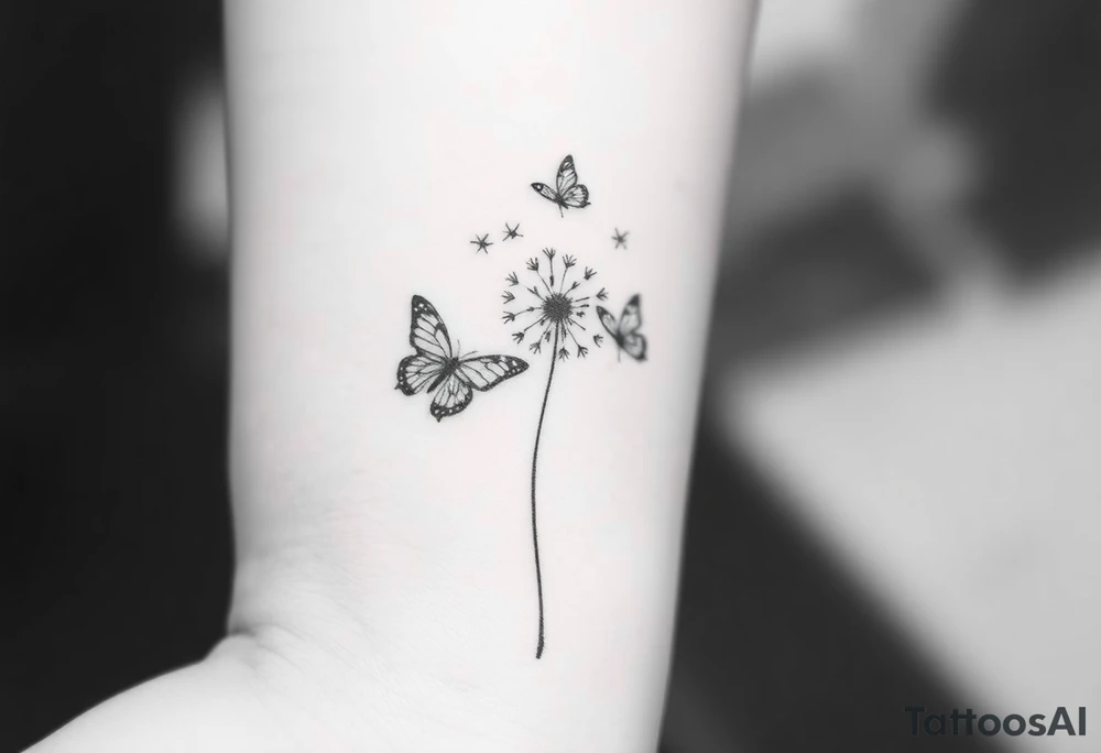 a dandelion and two butterflies flying around it. some pieces of the dandelion fly tattoo idea