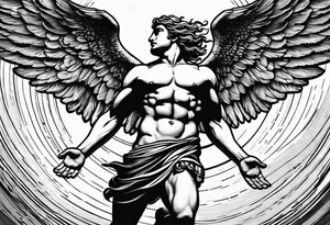 icarus greek god flying into the sun and falling down into a rainbow tattoo idea