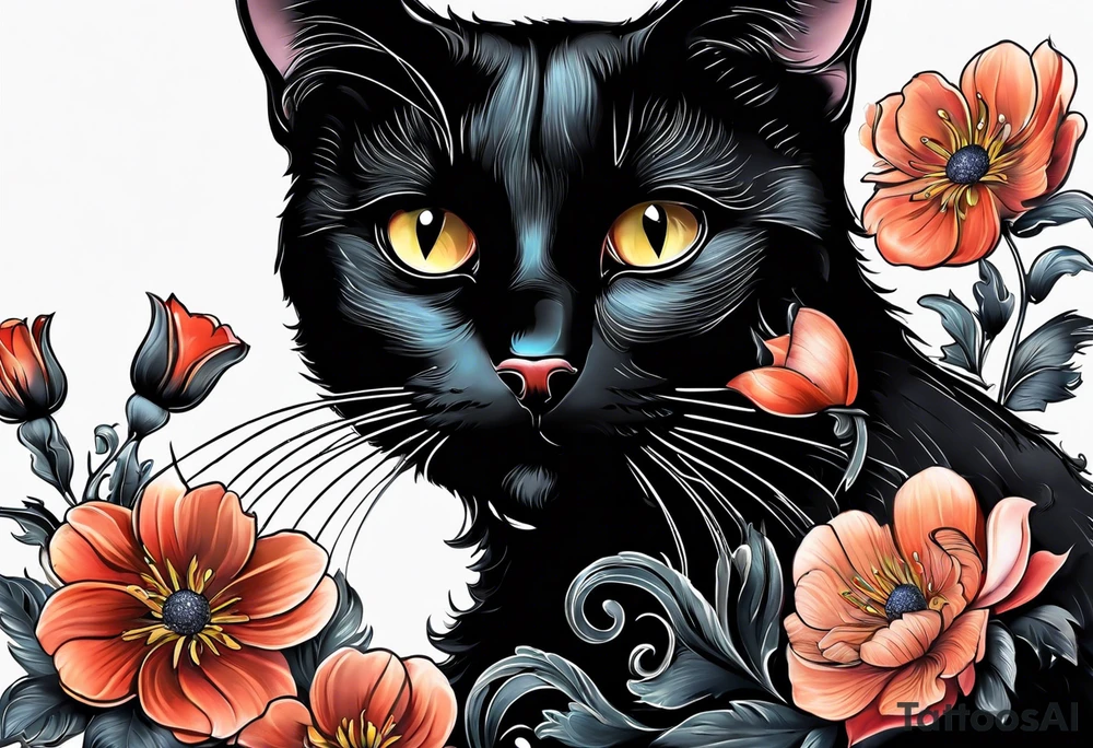 Photo realistic black cat with moon and flowers tattoo idea