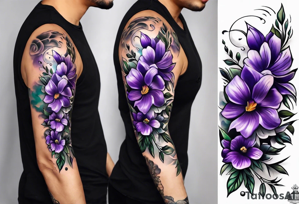 Forearm tattoo with purple flowers to always remember my grandma that passed away with a small white dove and heaven things added like clouds and stairs. tattoo idea