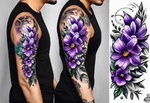 Forearm tattoo with purple flowers to always remember my grandma that passed away with a small white dove and heaven things added like clouds and stairs. tattoo idea