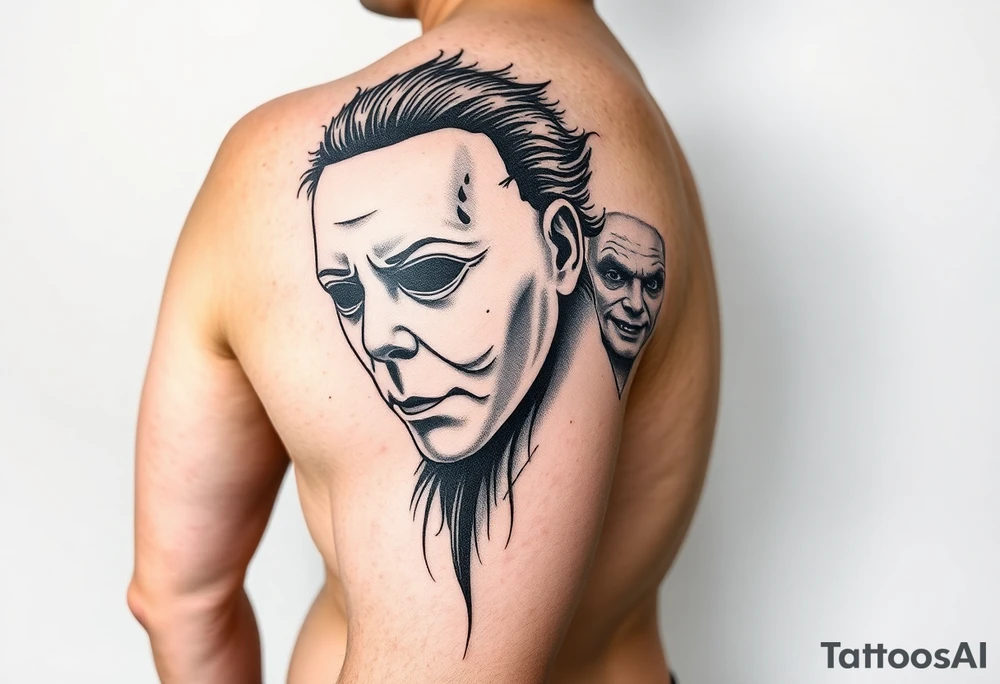 Left full arm sleeve. Michael Myers is the largest and main focal point. It should have the other horror characters like Jason, Freddy, the clown from saw, sam, the leprechaun,  chuckie, pin head, art the clown, leather face penny wise. tattoo idea