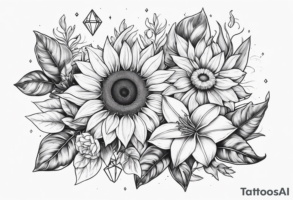 Small cluster containing a sunflower, lily, pot leaf, and diamonds tattoo idea Small cluster containing a sunflower, lily, pot leaf, and diamonds tattoo idea