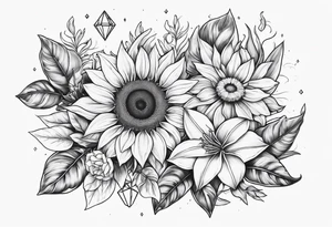 Small cluster containing a sunflower, lily, pot leaf, and diamonds tattoo idea