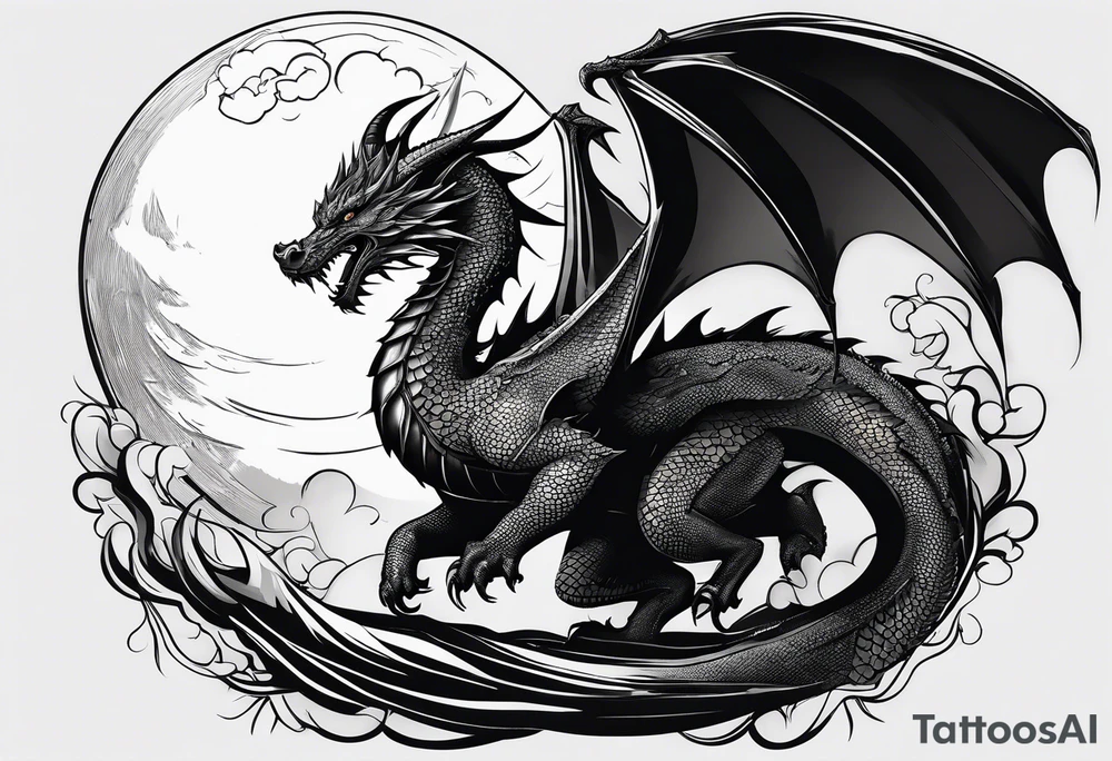 Dragon from game of the thrones flying to the moon minimalism tattoo idea