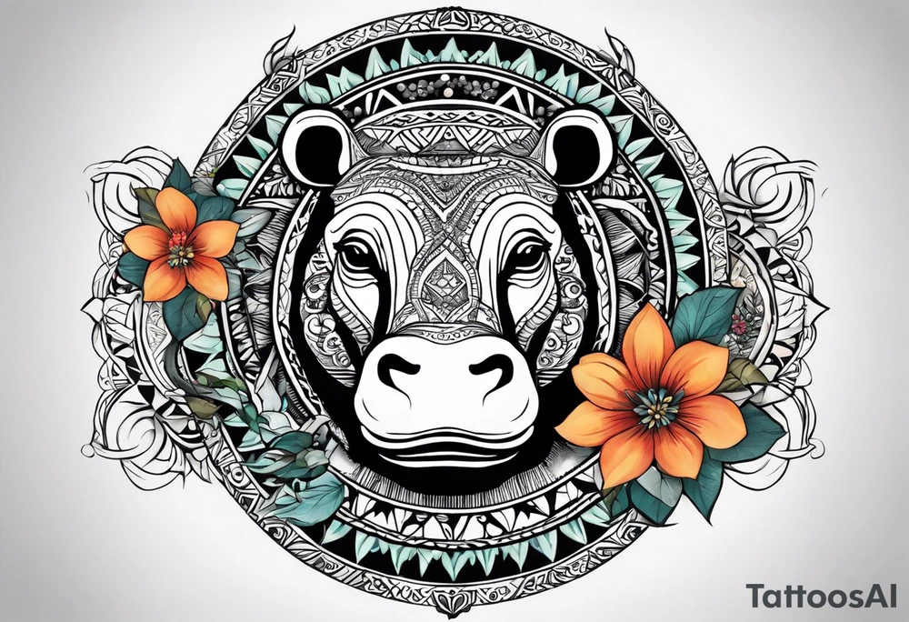 A foot long 2.5inches wide portrait orientation tattoo, containing a detailed hippo head with tribal patterns in the middle, a full moon on the upper side, and some wintersweet flowwer on the bottom side, these three components are connected with arches, lines, little geometric patterns, the lines will ne fine and narrow tattoo idea