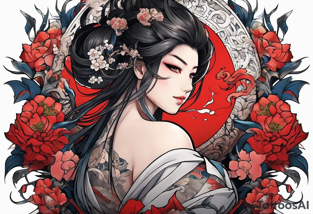 A sleeve of Izanami-no-mikoto half dead half living in the underworld tattoo idea