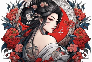 A sleeve of Izanami-no-mikoto half dead half living in the underworld tattoo idea