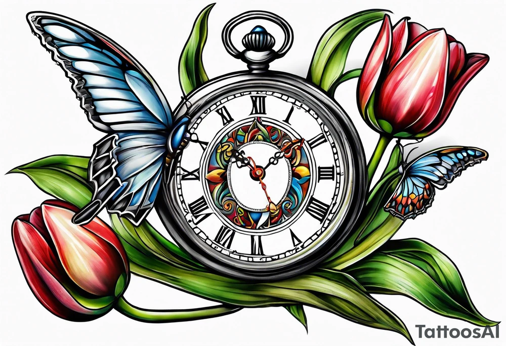 Pocket watch tulip arrow eyes tattoo idea