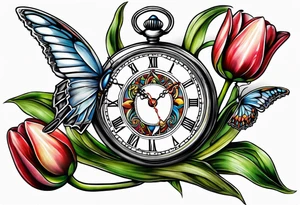 Pocket watch tulip arrow eyes tattoo idea