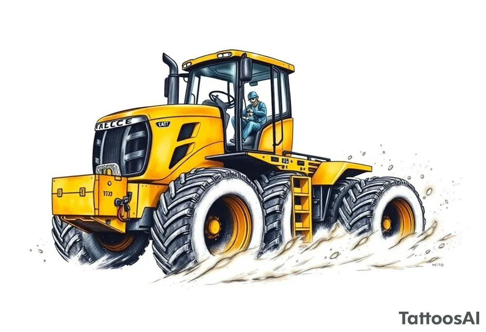 A hyper-realistic yellow tractor in motion, dust swirling around its massive tires. tattoo idea