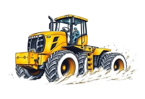 A hyper-realistic yellow tractor in motion, dust swirling around its massive tires. tattoo idea