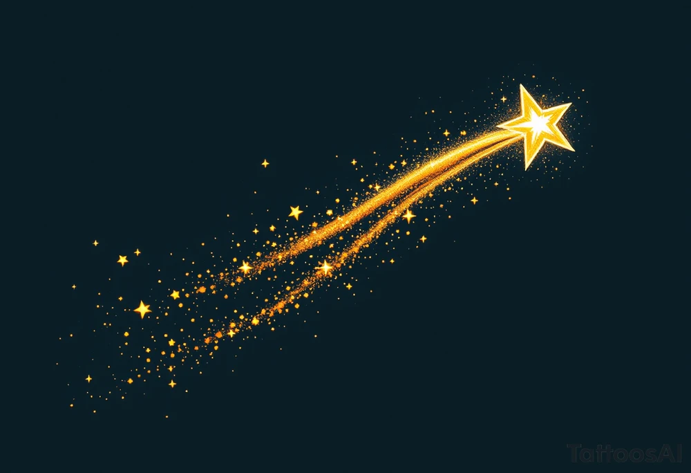 A shooting star with a long, flowing trail of golden sparkles, shooting past an archer's bow. The bow itself is earthy brown with a touch of copper highlights, while the star’s trail is dotted with bright yellow and white sparks, symbolizing Sagittarius' pursuit of dreams and ambitions. tattoo idea