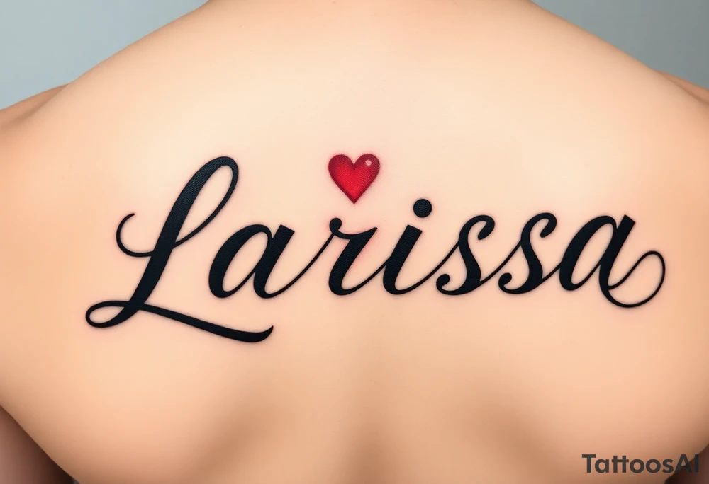 Can you make the name larissa in cursive but in black but put a little heart in above the i and the r and add a faint but visable red glowing around the name tattoo idea