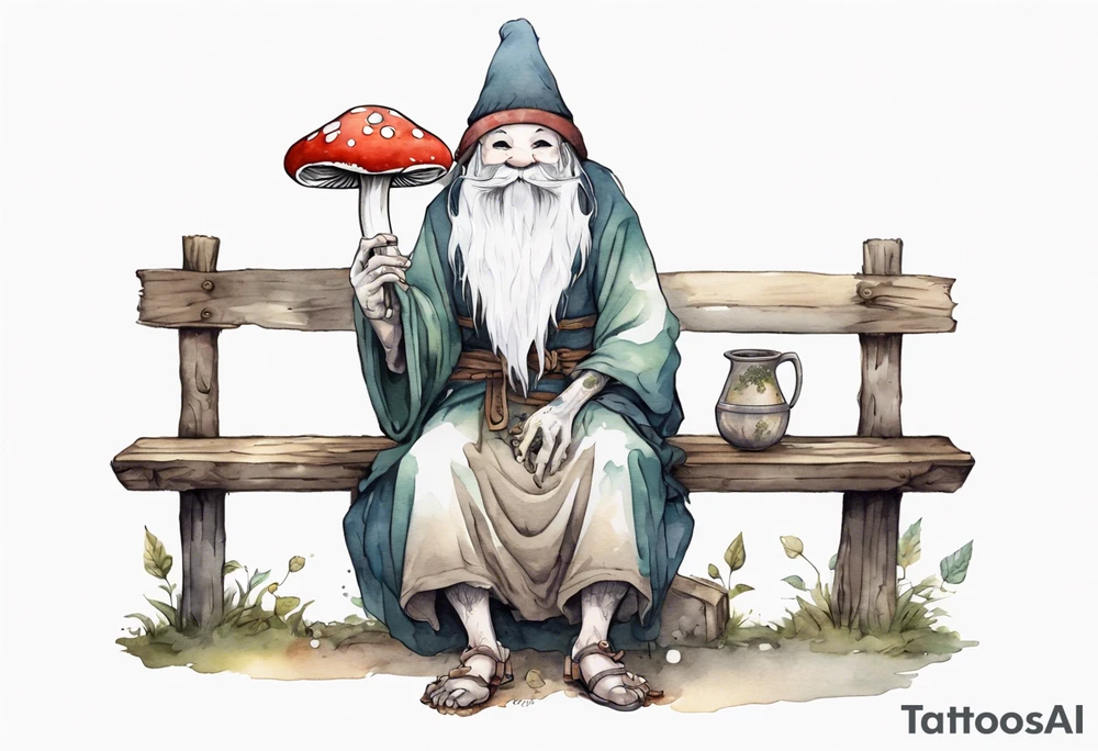 a kodama with a long beard wearing a mushroom hat and a medieval tunic drinking from a wood cup, sitting on a bench laughing tattoo idea