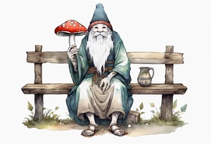 a kodama with a long beard wearing a mushroom hat and a medieval tunic drinking from a wood cup, sitting on a bench laughing tattoo idea