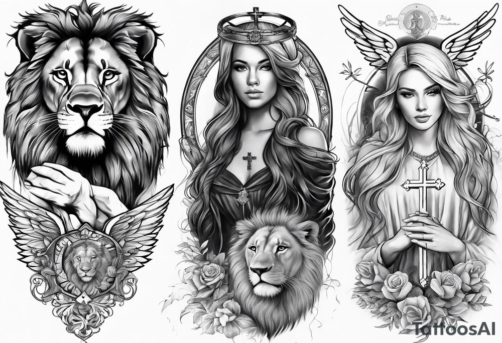 Full sleeve with Lion, cross, praying hands and angels. Incorporate the names Scarlett and Faith in the design tattoo idea