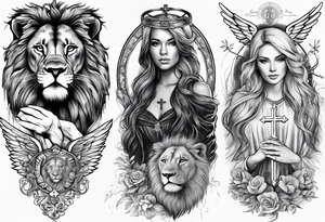 Full sleeve with Lion, cross, praying hands and angels. Incorporate the names Scarlett and Faith in the design tattoo idea