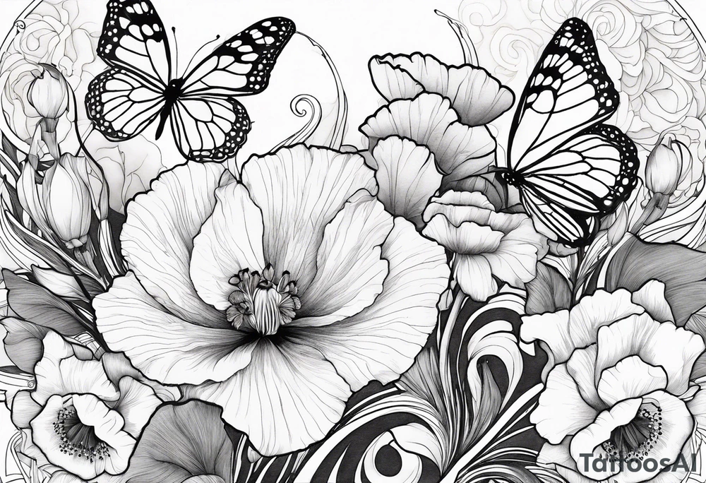 Poppy, gladiolus, butterflies, Leo starsign tattoo idea